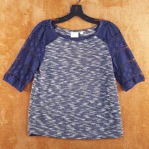 Postmark ANTHROPOLOGIE Womens Top XS Blue Pullover Marled Lace 3/4 Sleeve Knit